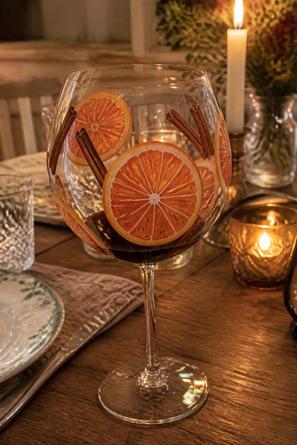 Wine glass of red wine garnished with orange slices and cinnamon sticks on wooden table