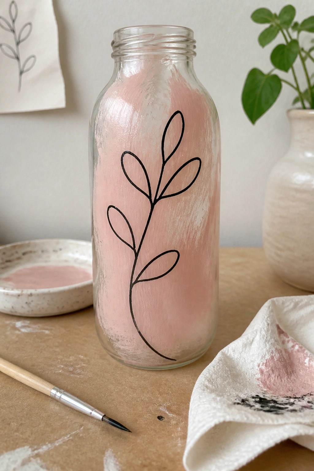 Pink-painted glass bottle with black leaf design on wooden table with supplies