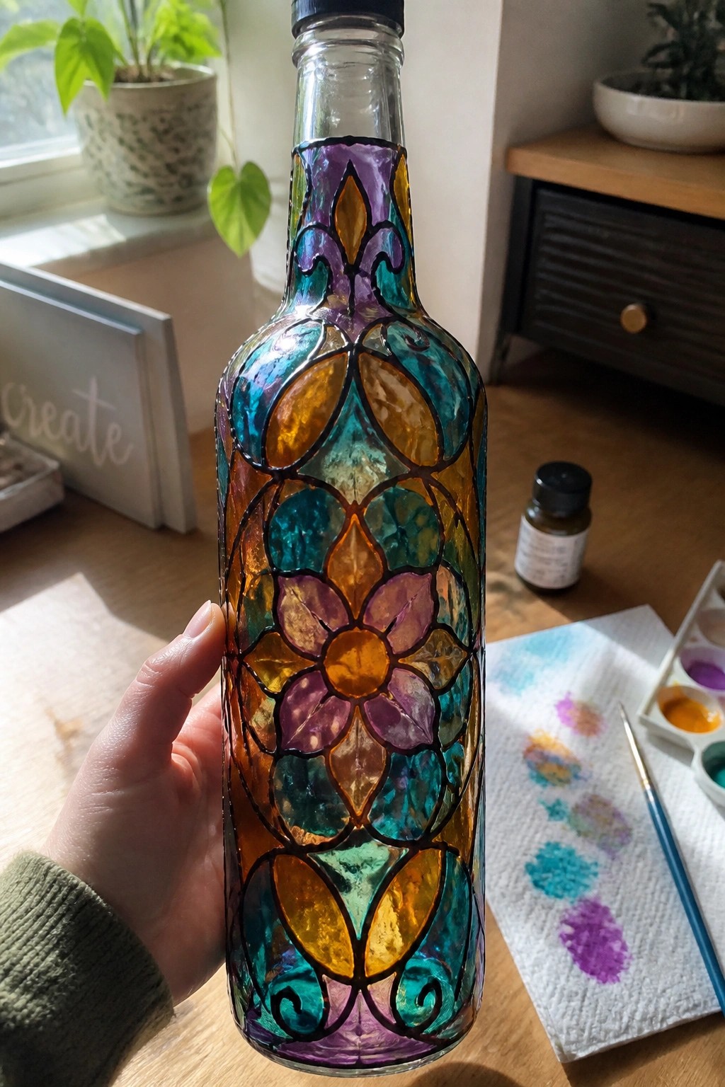 Hand holding glass bottle with vibrant purple orange teal floral stained-glass patterns