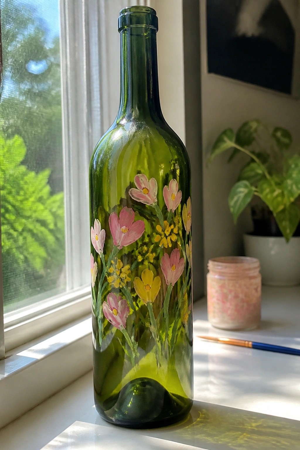Green glass bottle hand-painted with pink and yellow flowers on windowsill