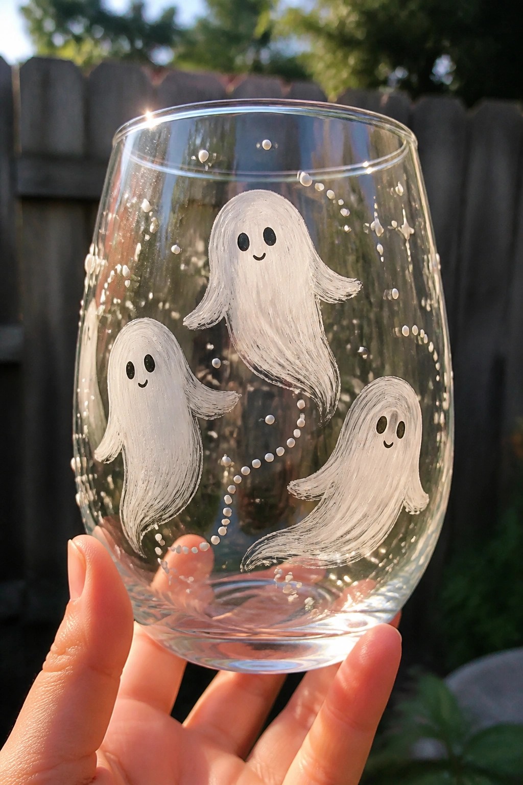 Hand holding clear glass painted with three smiling white ghosts and dotted patterns.