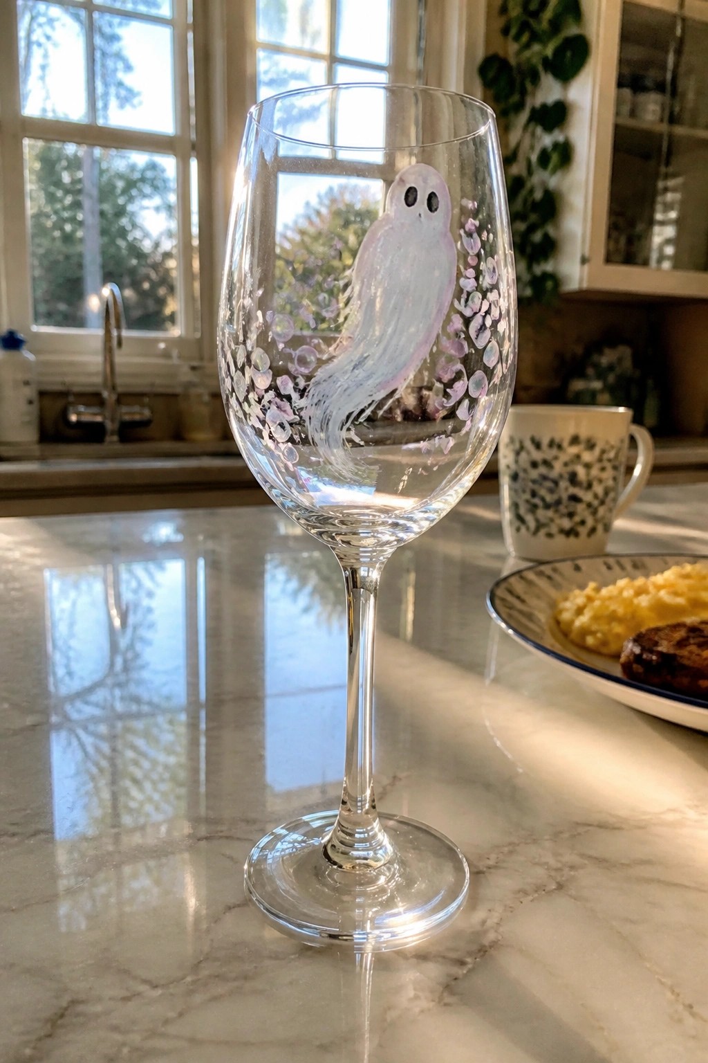 Wine glass with hand-painted white ghost and purple dots on marble counter