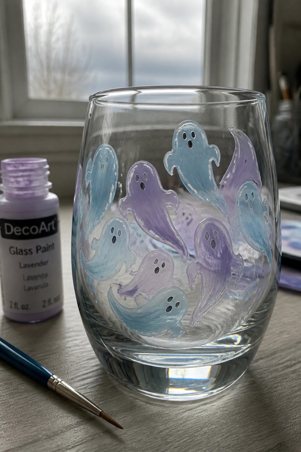 Glass tumbler with blue and purple ghost paintings beside lavender paint bottle and brush