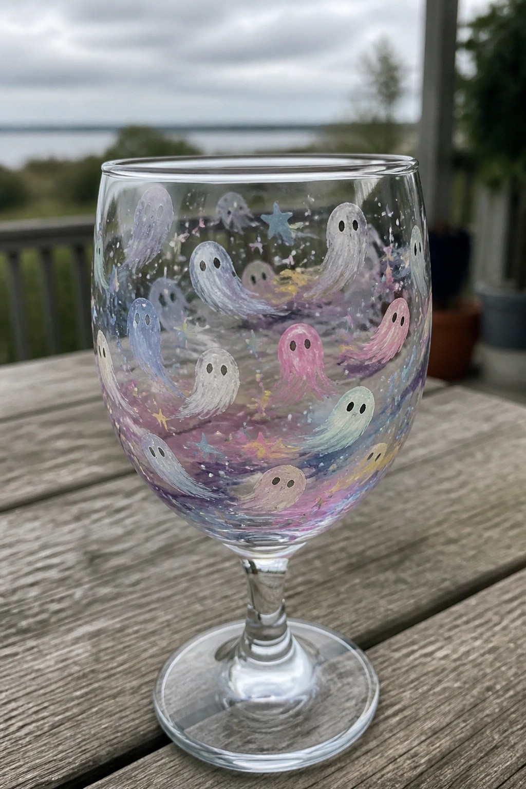 Hand-painted wine glass with colorful ghosts, stars, and sparkles on wood.