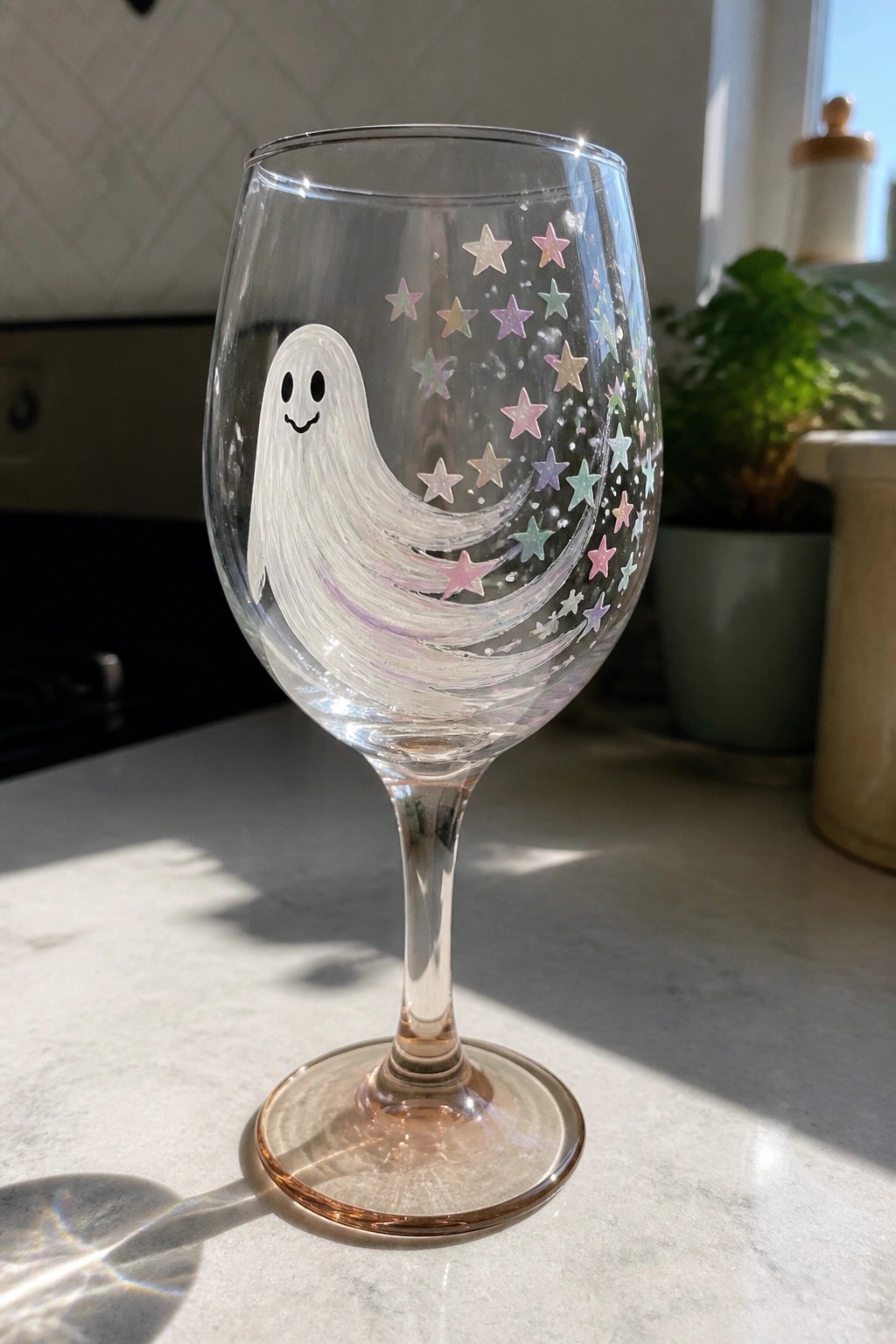 Wine glass with painted white ghost and colorful stars on marble countertop
