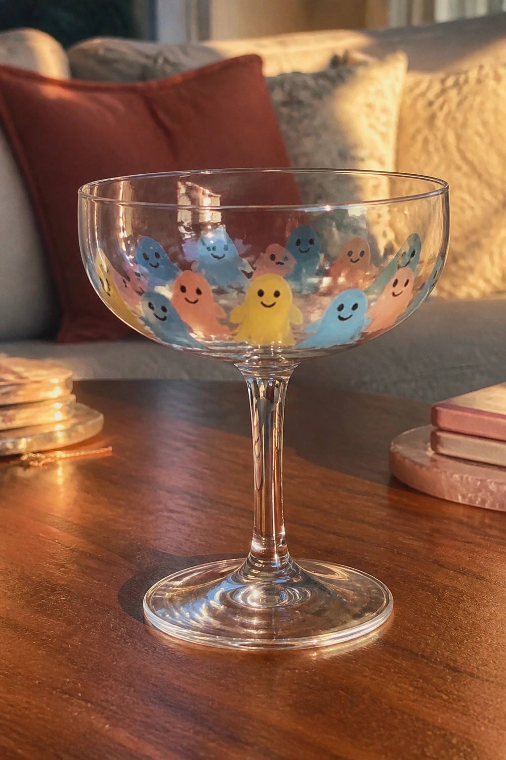 Clear coupe glass decorated with colorful smiling ghosts on wooden table