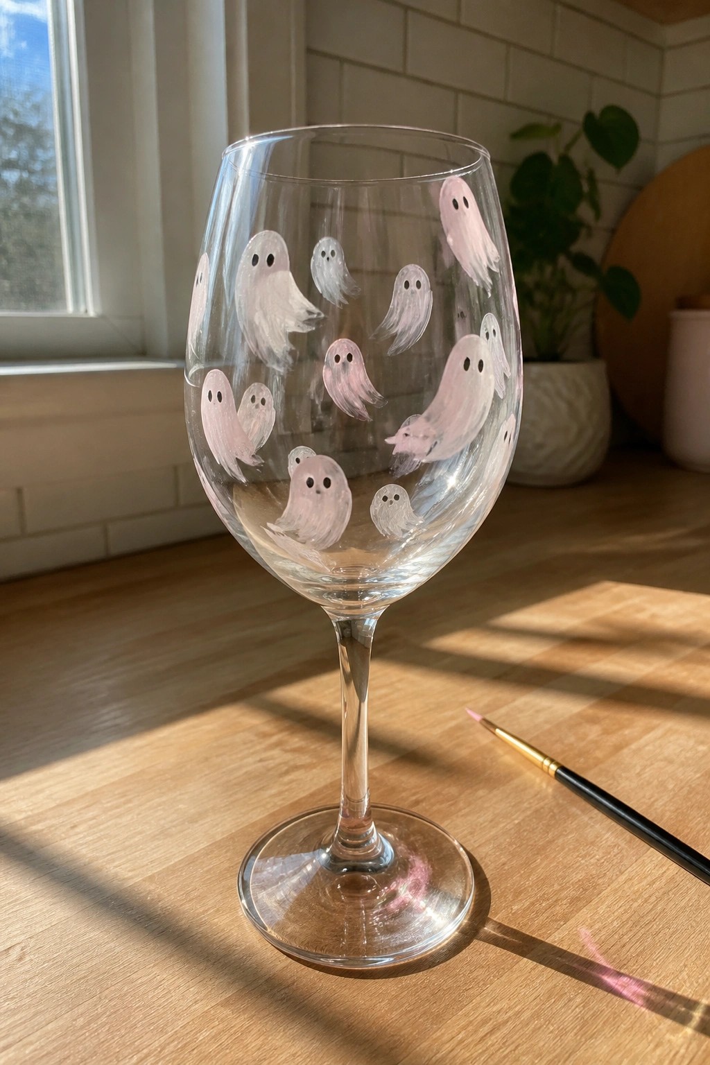 Hand-painted wine glass with pink ghosts on sunlit wooden table beside paintbrush