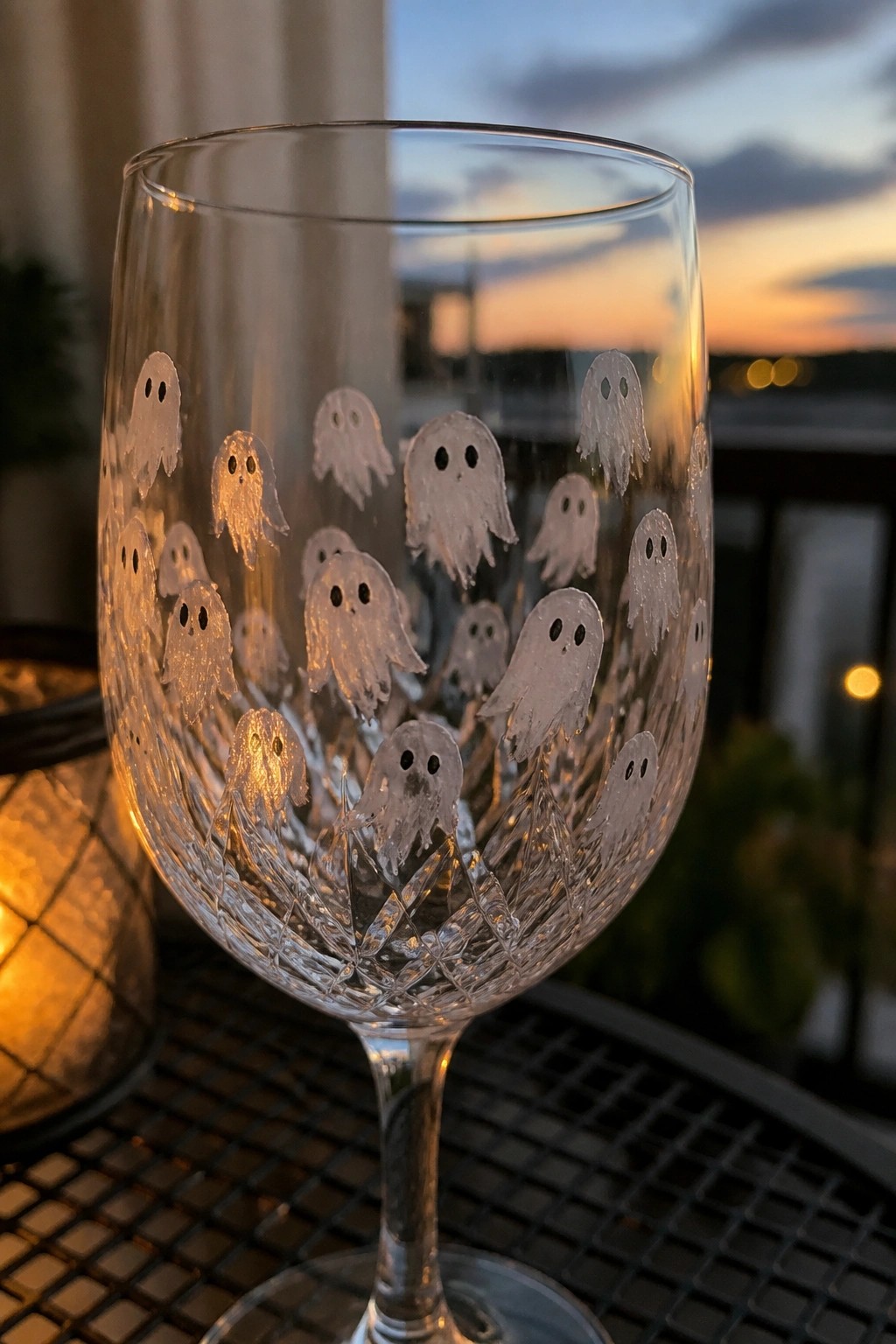 Crystal wine glass etched with glowing ghost figures at sunset