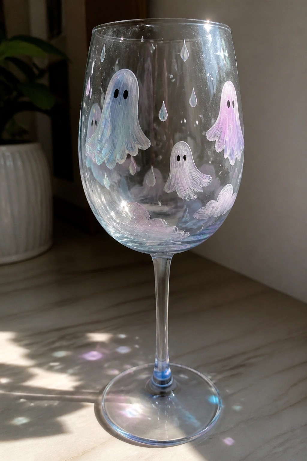 Stemmed wine glass hand-painted with pastel ghosts, clouds, stars, and raindrops.