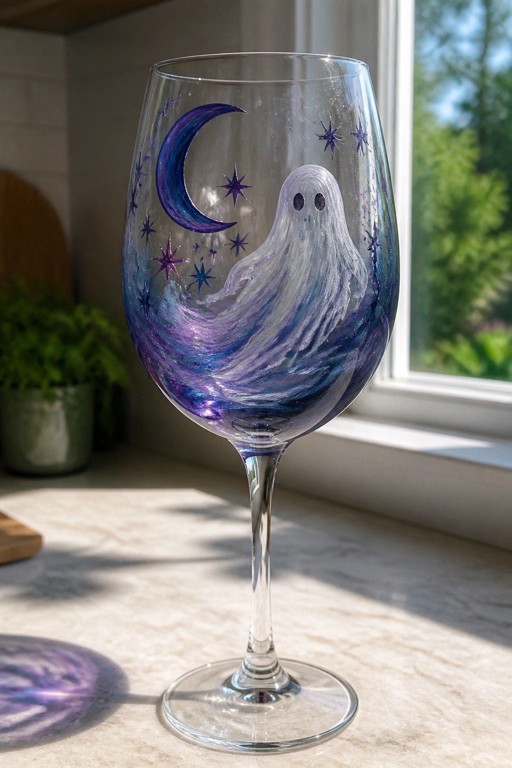 Hand-painted wine glass with ghost, purple crescent moon, and stars on marble counter.