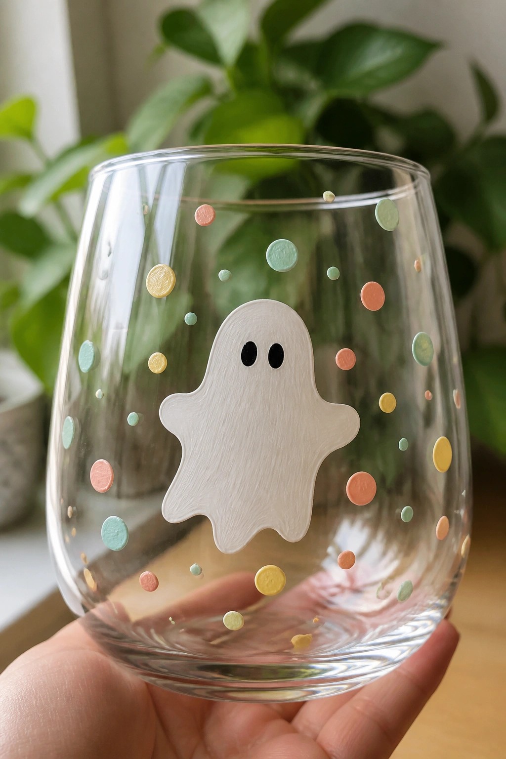 Hand holding clear glass with white ghost and colorful pastel dots on blurred plant background