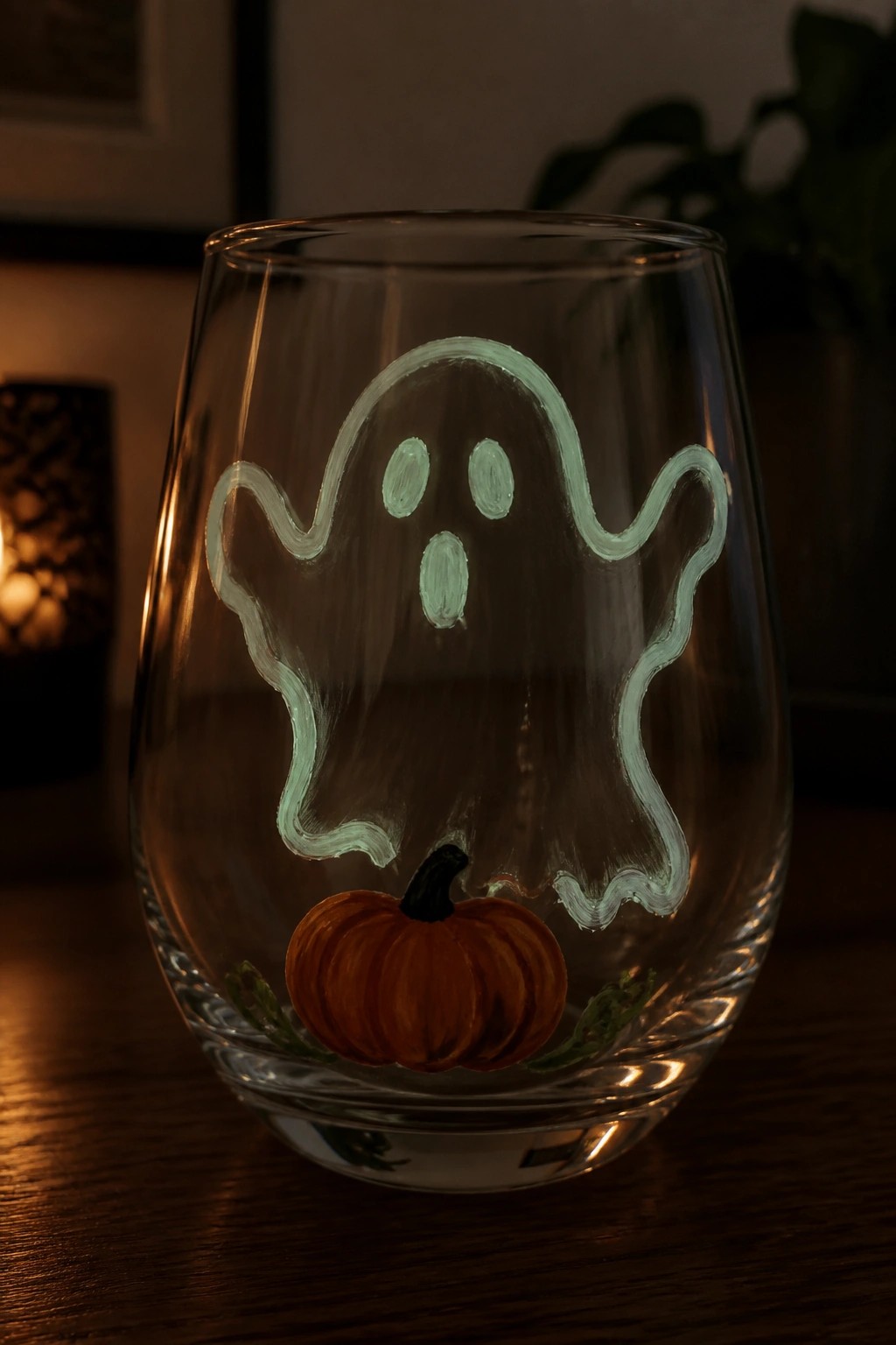 Clear glass with glowing green ghost above small orange pumpkin on wood table