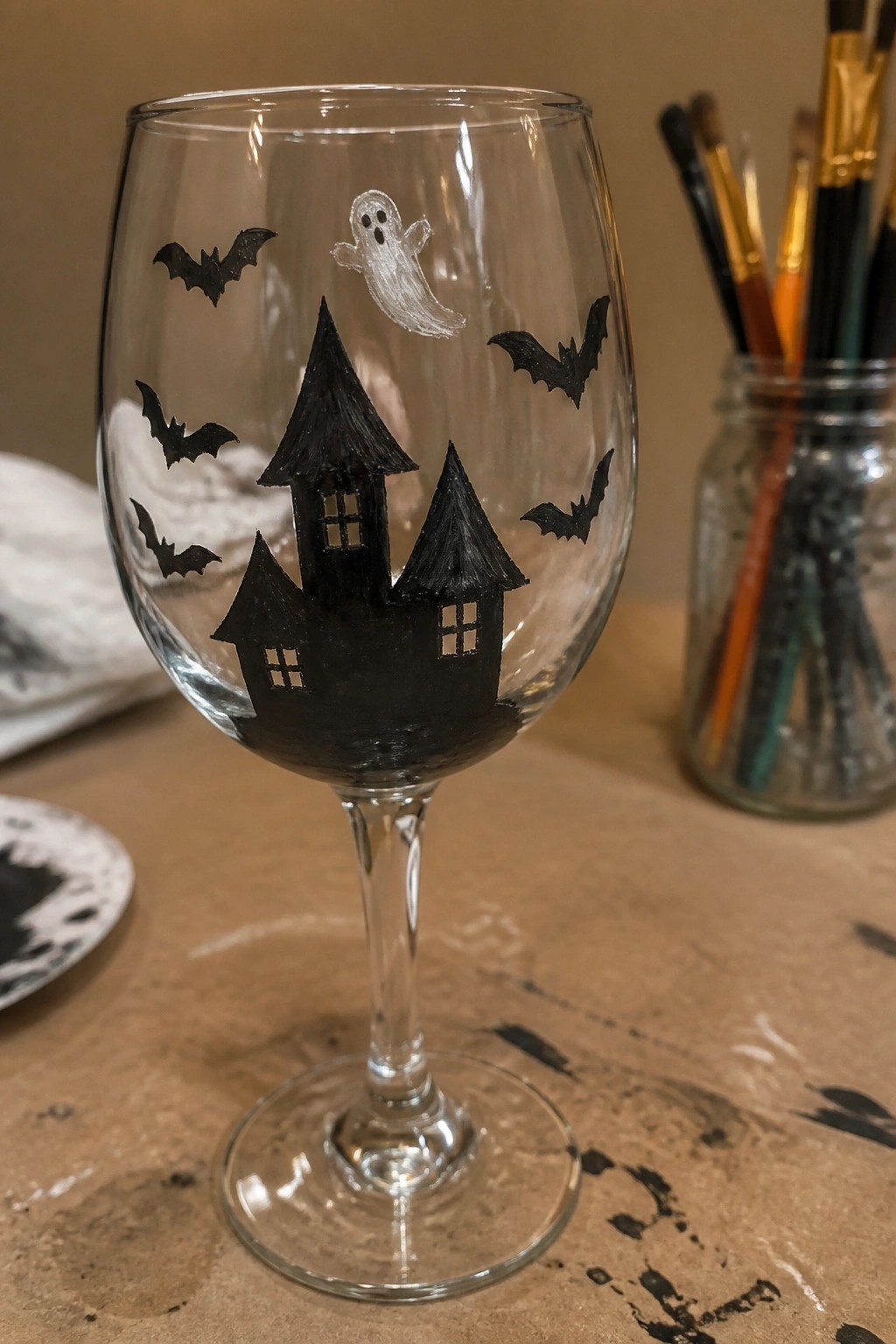 Clear wine glass hand-painted with black haunted house, bats, and white ghost