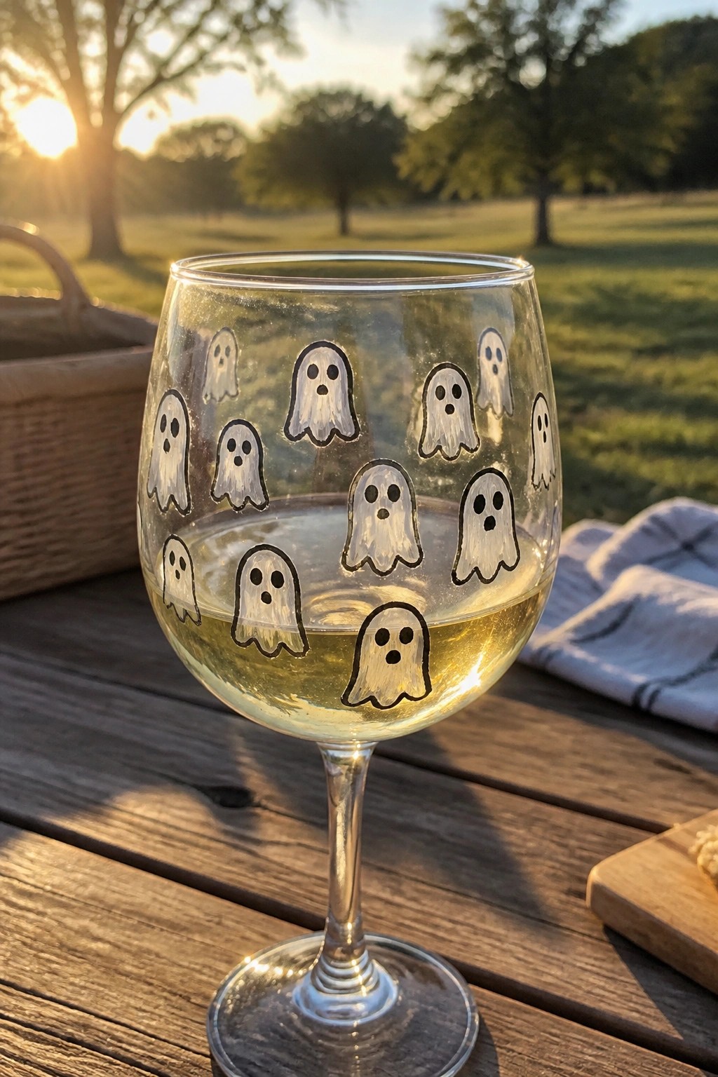 Ghost-adorned wine glass with pale liquid on wooden picnic table at sunset