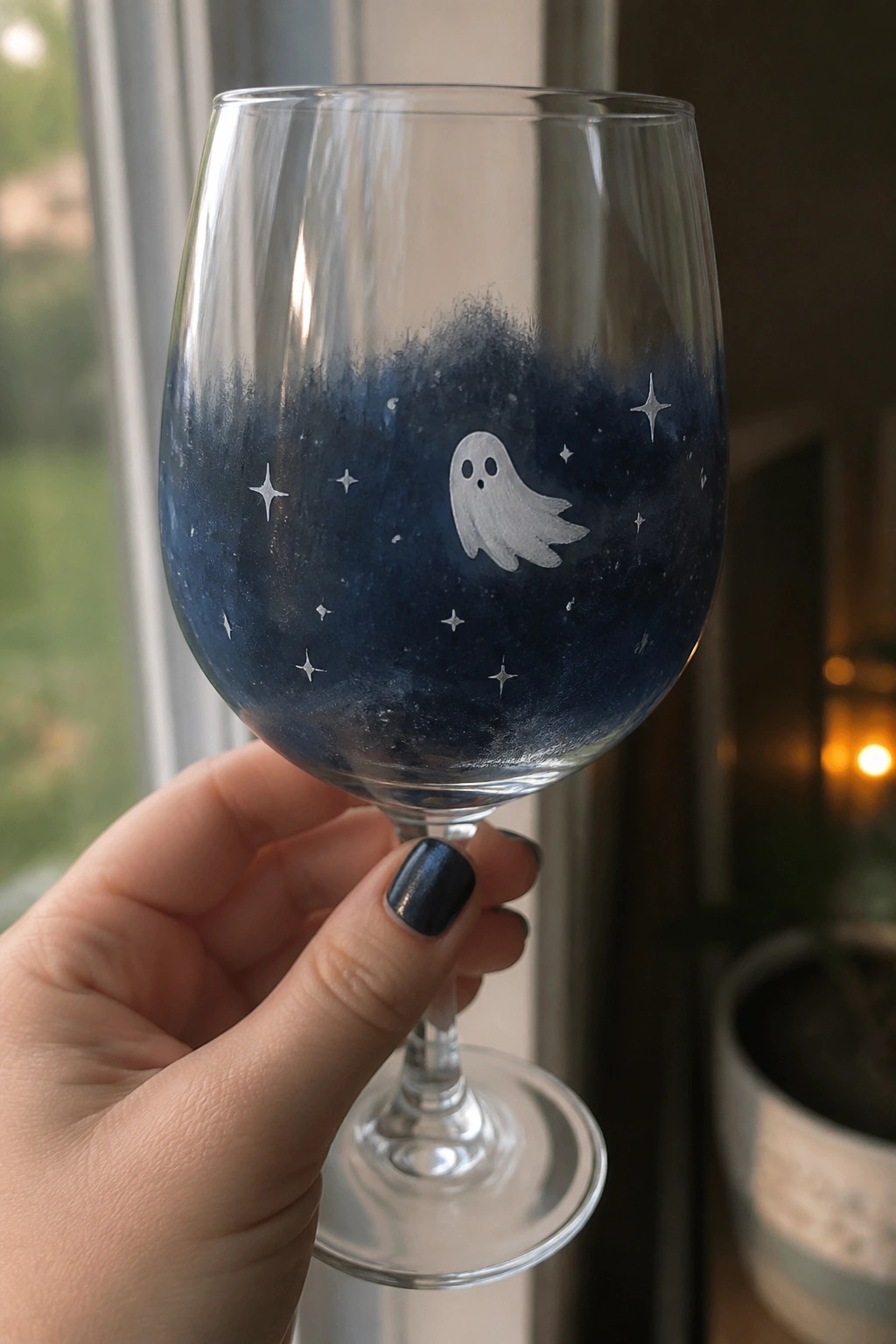 Hand holding wine glass with blue night sky, ghost, and white stars.