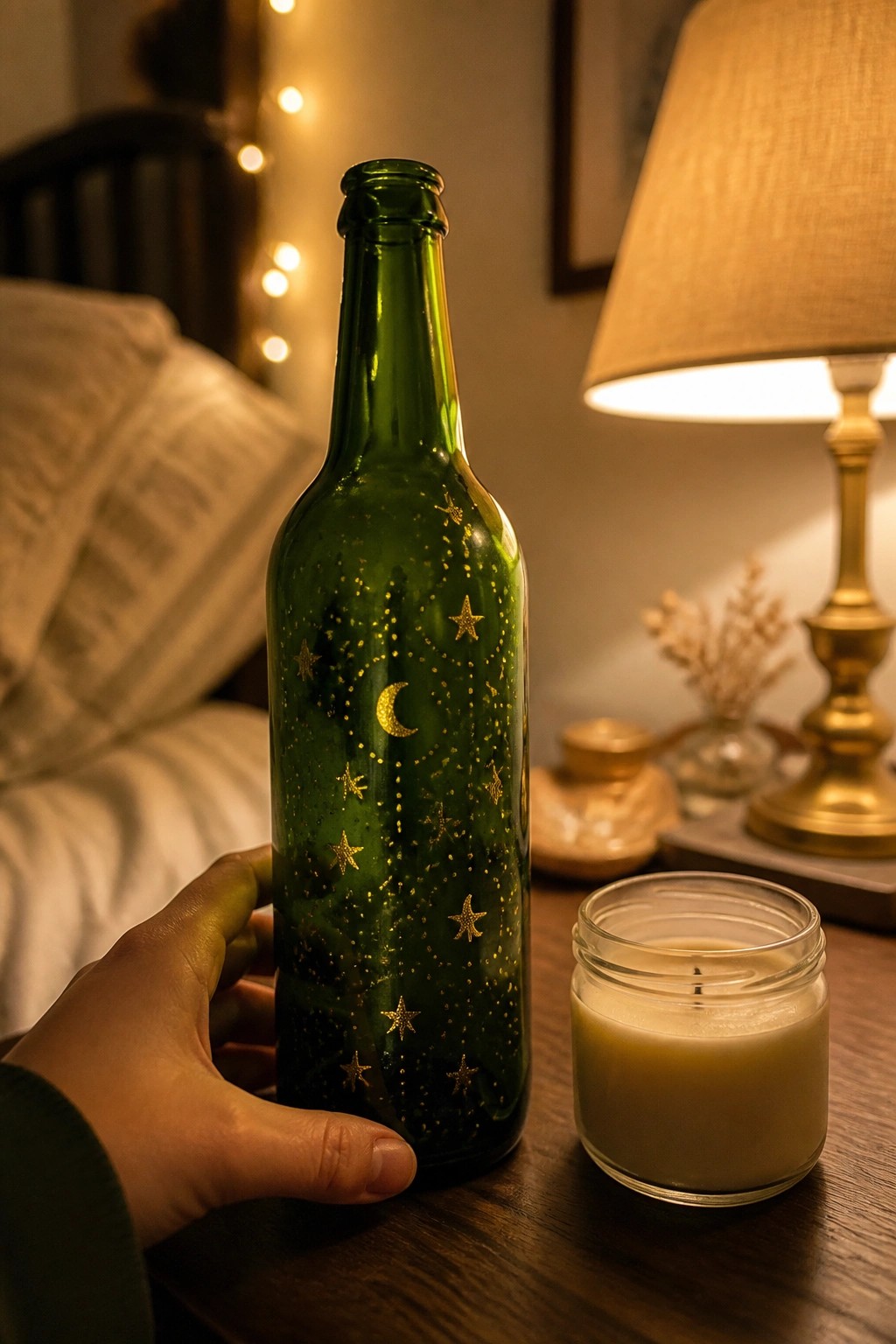 Hand holding green bottle with gold stars and moon beside lit candle on wood