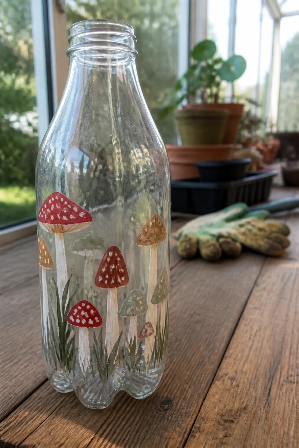 Clear glass bottle painted with red and brown mushrooms on wooden table near gloves.