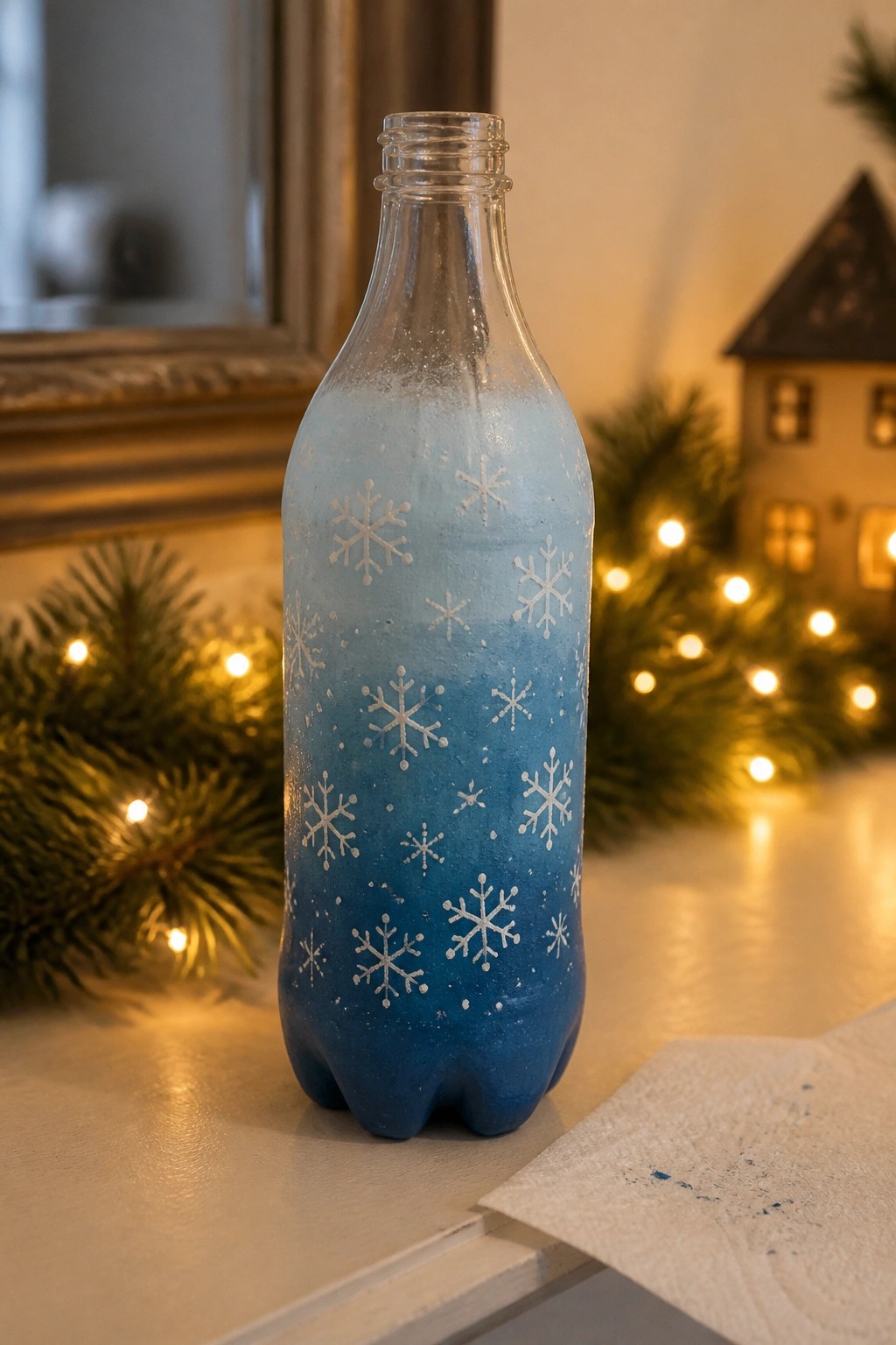 Blue gradient bottle with white snowflakes amid Christmas lights and pine branches