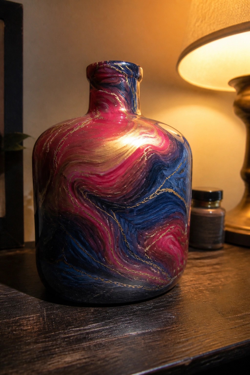 A painted glass bottle with swirling pink, blue, and gold patterns sits on a wooden surface next to a small jar and lamp.