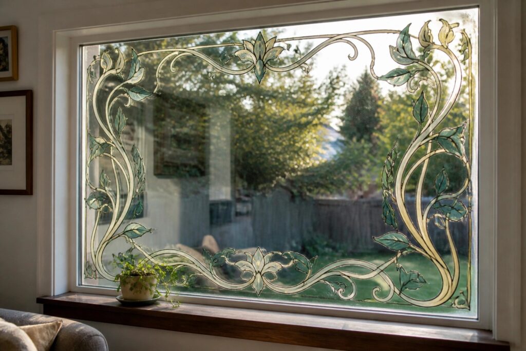21 Elegant Hand-Painted Window Designs for Refined Interior Accents Window with ornate green vine design framing backyard view and potted plant on sill