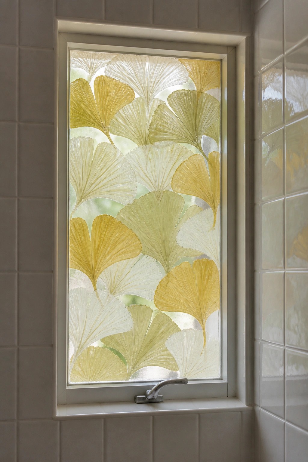 Window with frosted ginkgo leaf patterns in yellow, green, and white tones