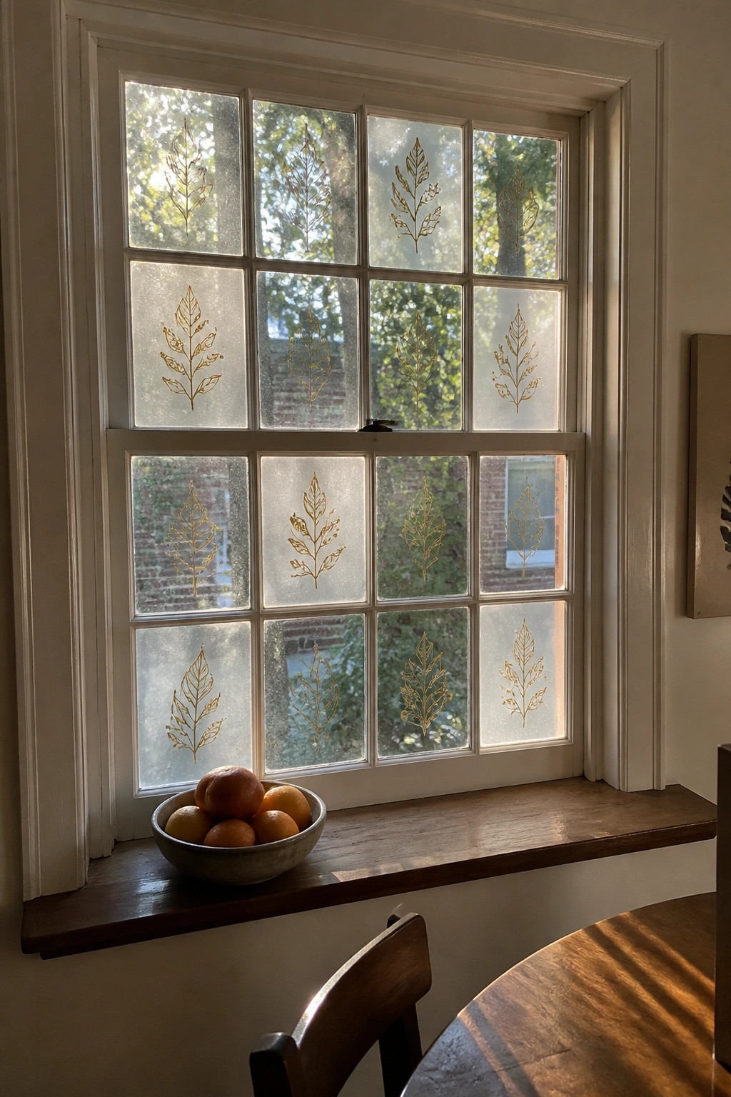 Window with gold leaf patterns on frosted panes and bowl of oranges on sill