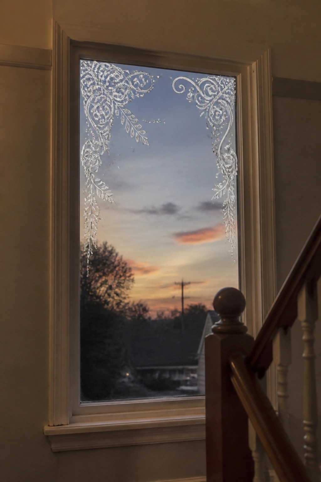 Ornate frosted patterns frame sunset view through window beside wooden stair railing