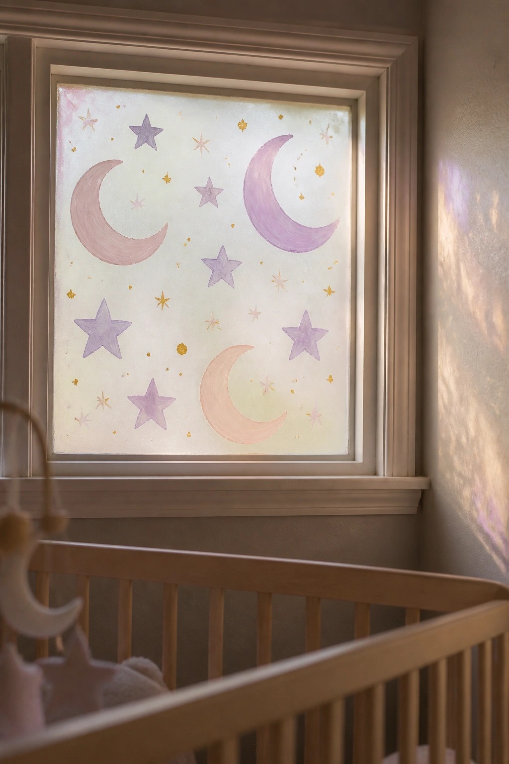 Pastel moons and stars painted on window above wooden crib in nursery