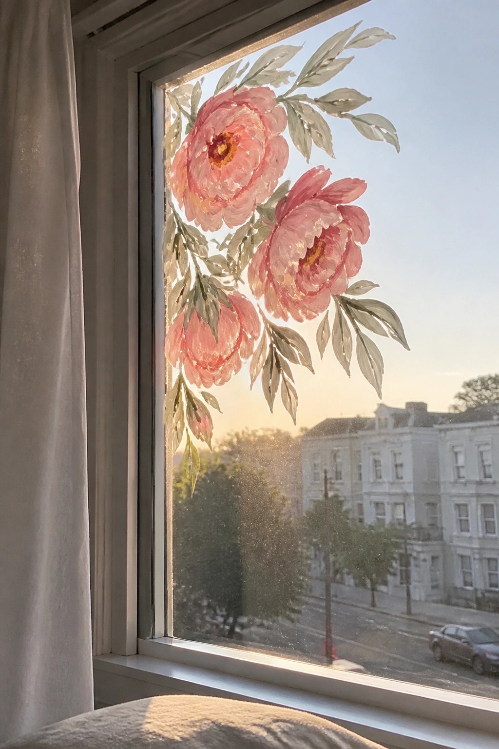Pink peonies painted on window overlooking sunlit residential street with buildings