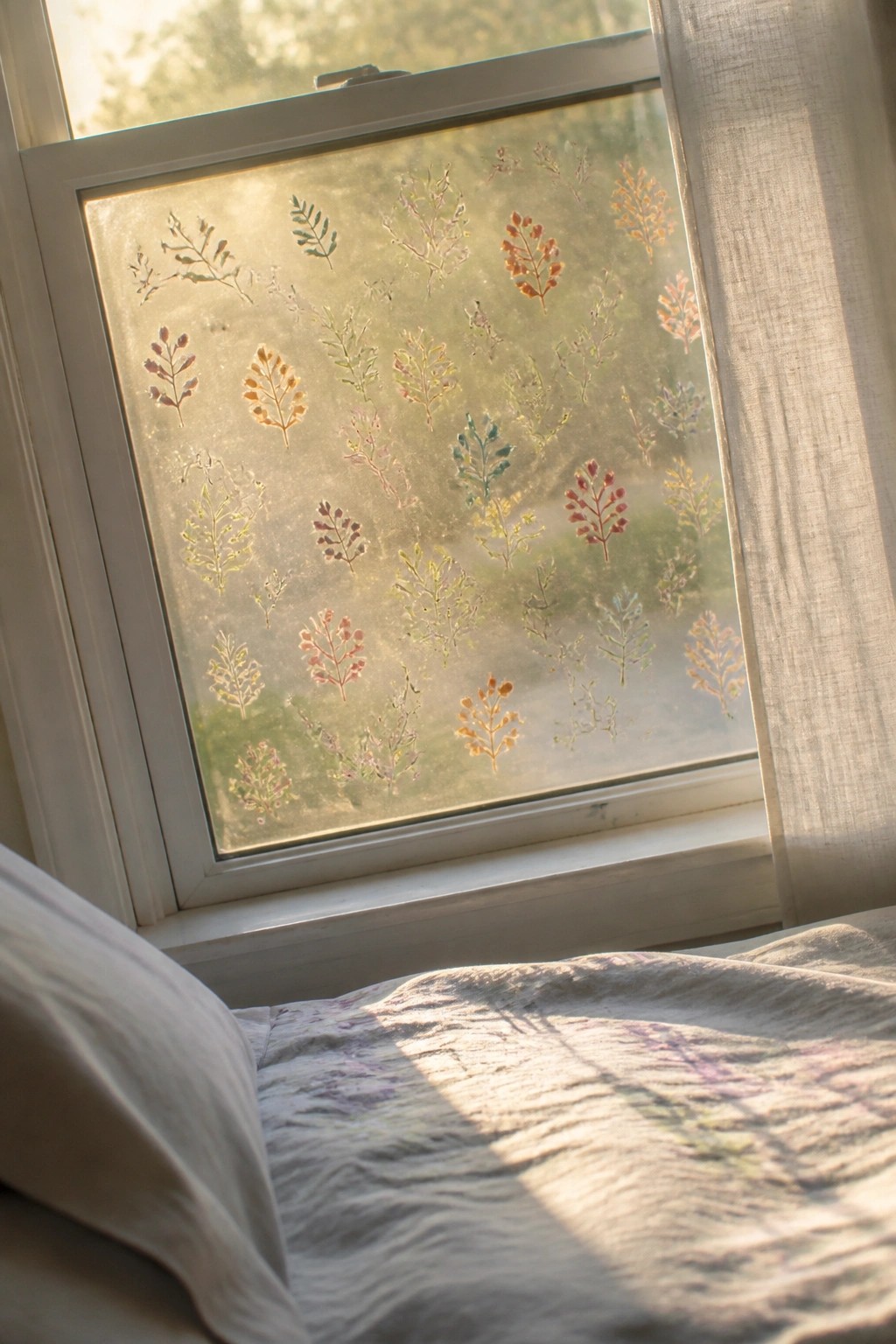 Sunlit window etched with colorful leaves casting patterns on bed and quilt