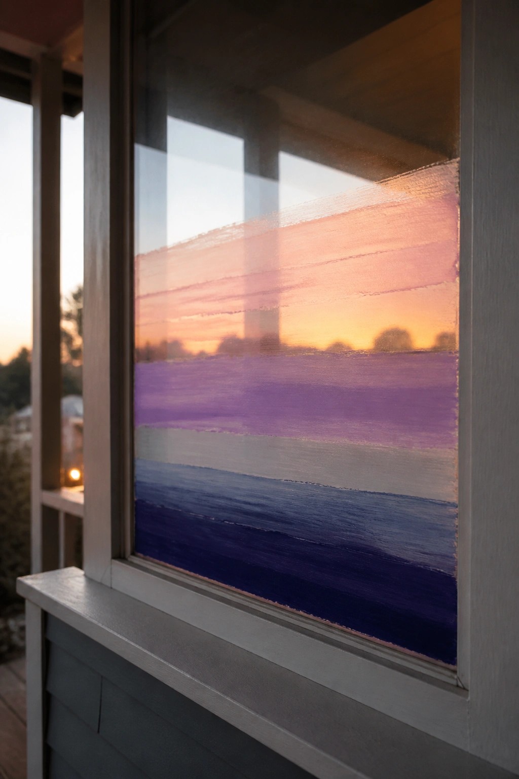 Painted window glass with horizontal bands of orange pink purple and blue sunset hues