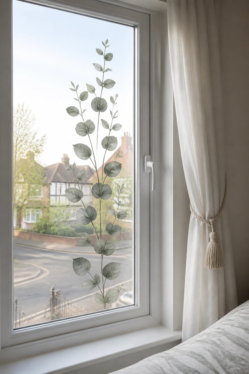 White window with eucalyptus decal, tied curtain with tassel, overlooking suburban street