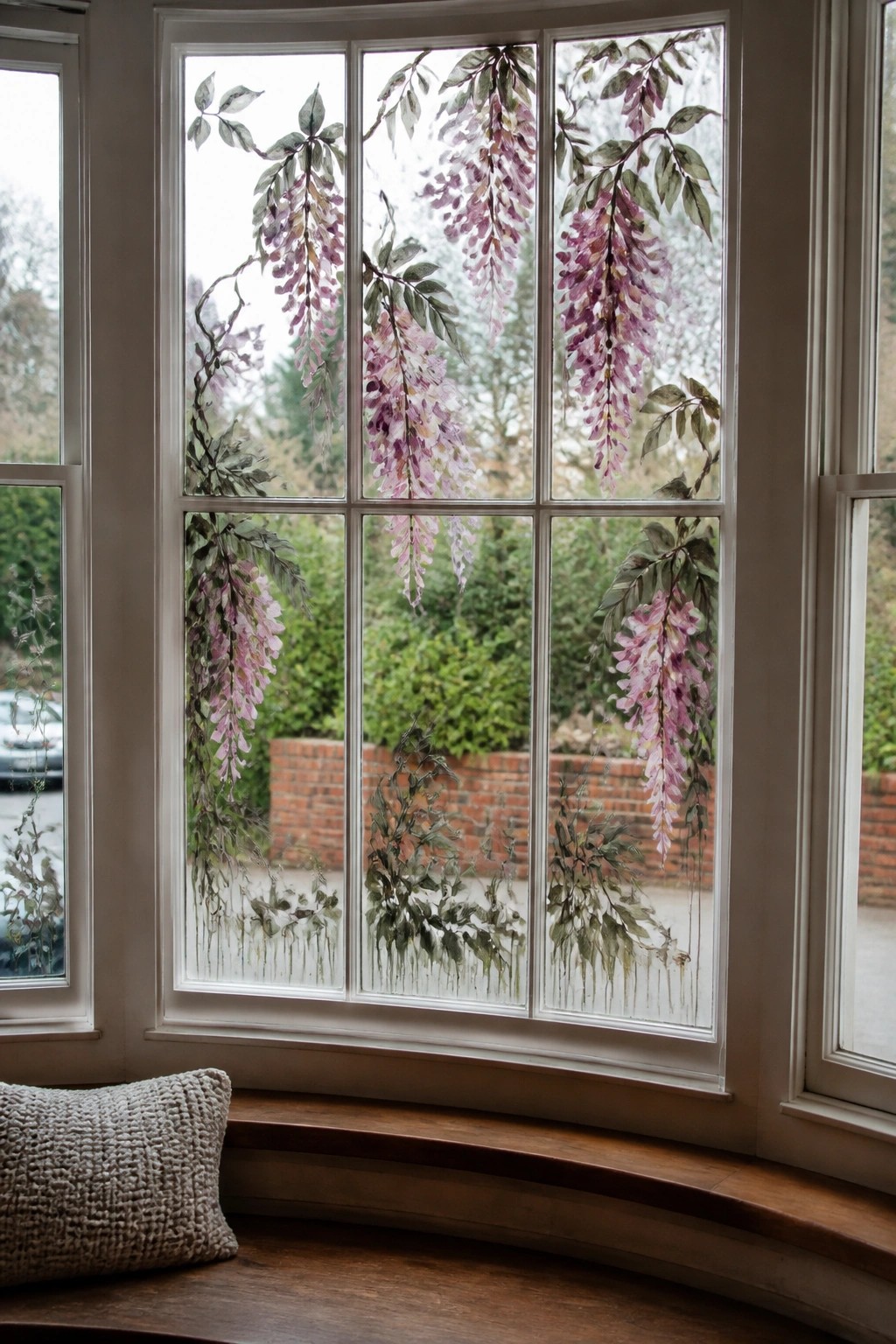 Bay window with purple wisteria painted on glass above wooden seat