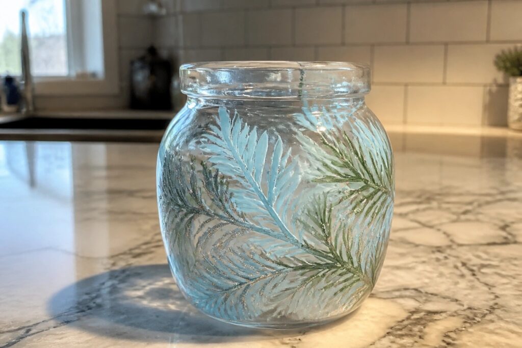 20 Elegant Winter Glass Painting Ideas Using Frosted Pine Branch Motifs Small blue glass bowl with etched pine branches on sunlit marble countertop
