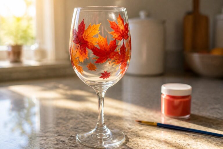 Wine glass hand-painted with vibrant orange and red maple leaves beside paint jar and brushes