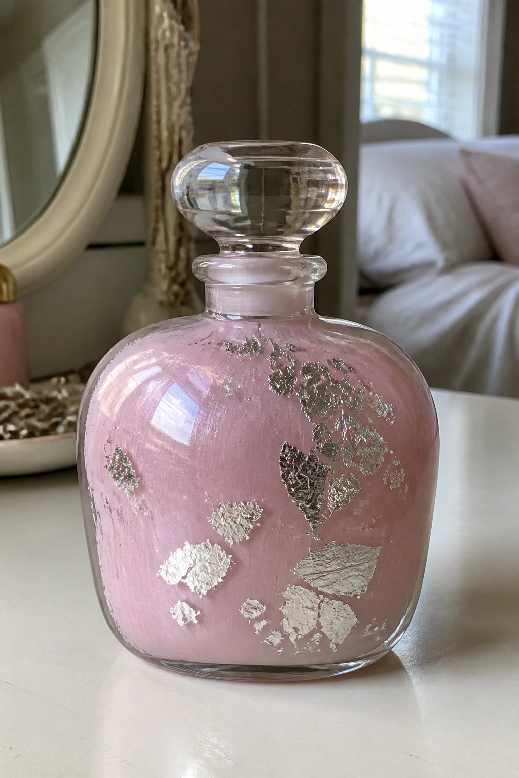 Pink glass bottle with silver foil accents and round glass stopper.