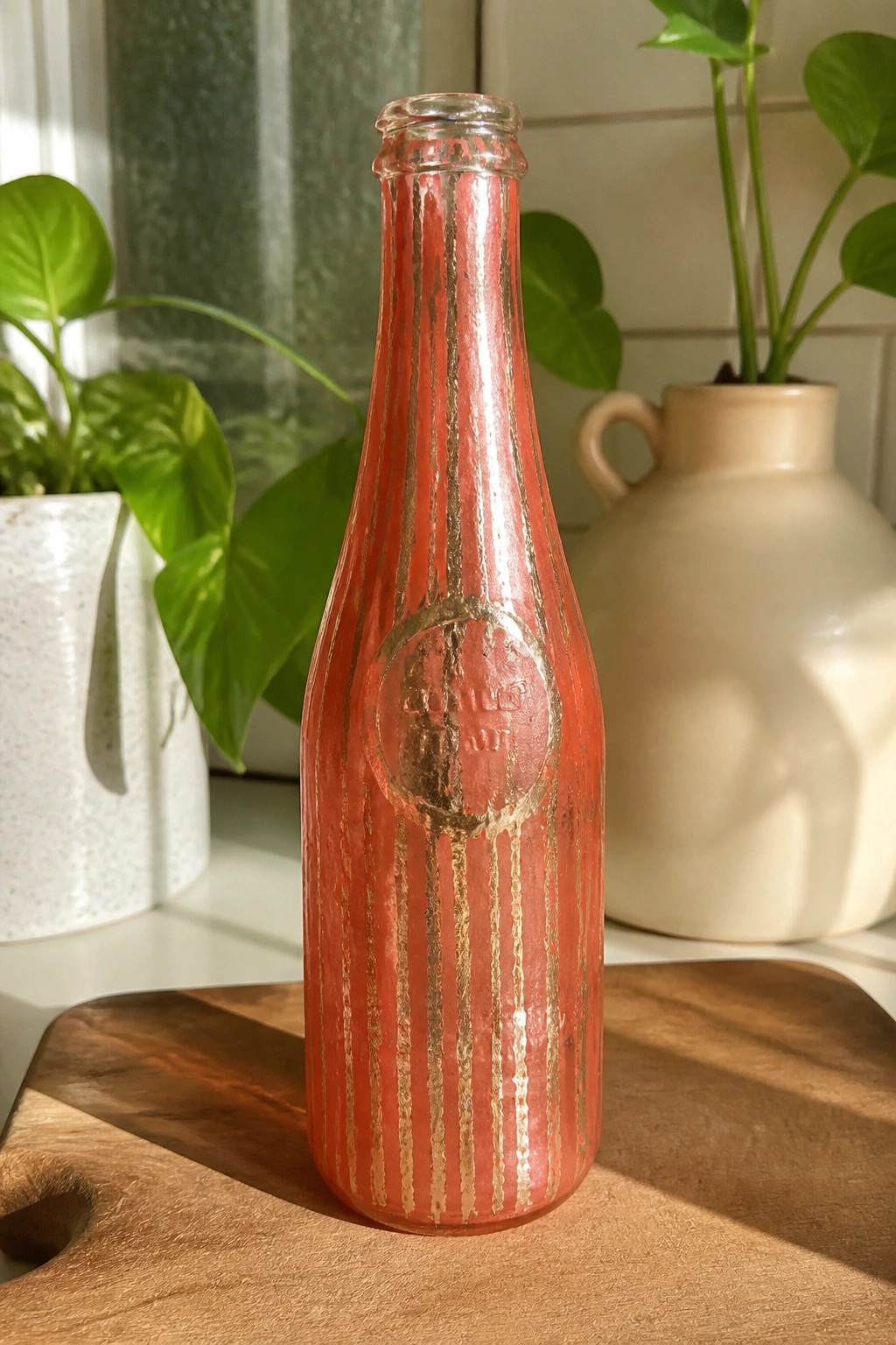Red glass bottle with gold stripes and LIME JUICE label on wooden board