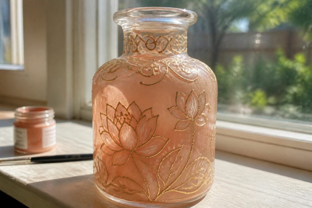 21 Glamorous Glass Bottle Painting Ideas Using Metallic Paint Accents Glass bottle with peach flowers and gold trim beside paint jar and brush.