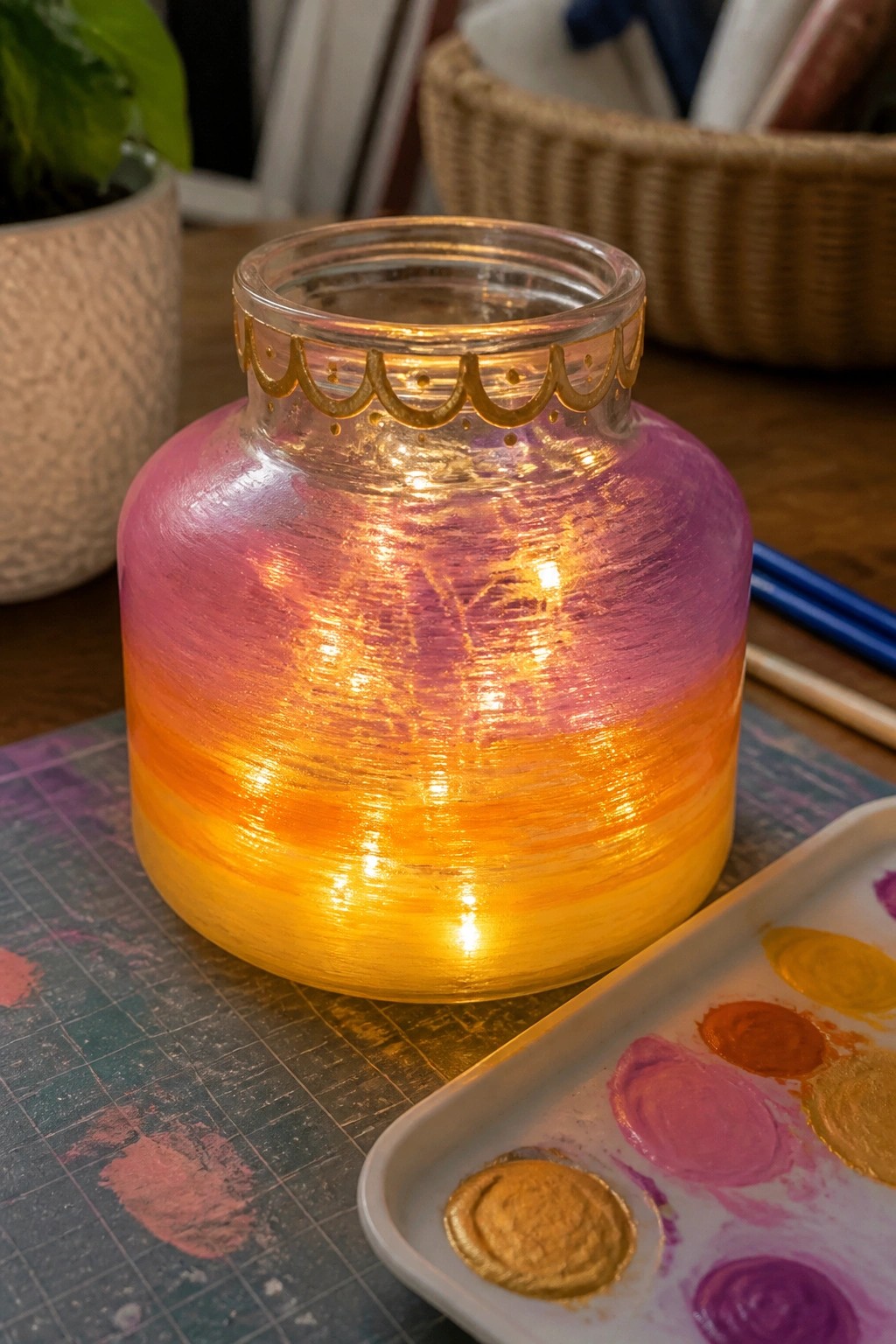 Glowing painted jar in pink-orange-yellow gradient beside paint palette on table
