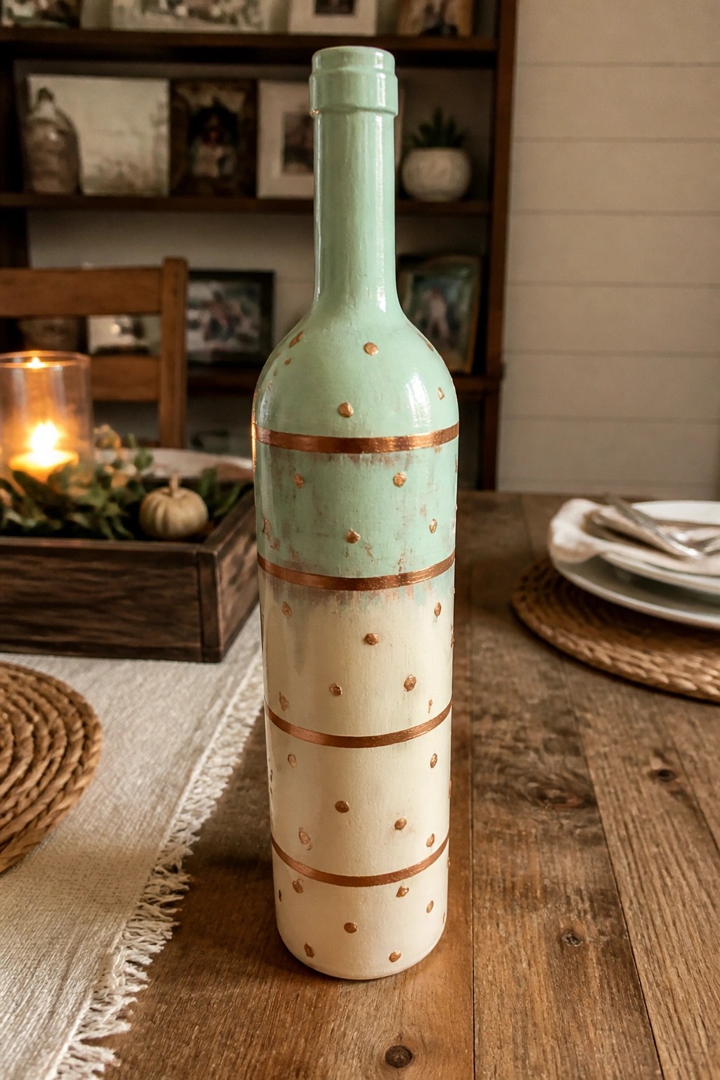 Mint green and white painted wine bottle with copper dots and stripes on wooden table.