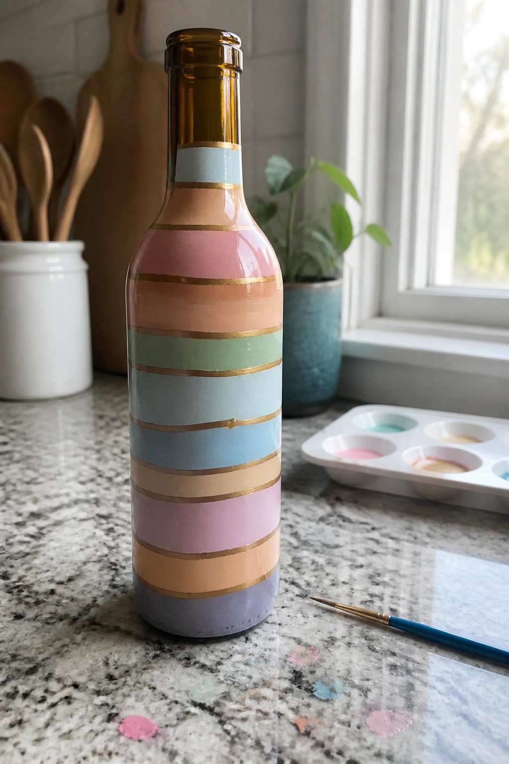 Pastel striped painted bottle with gold lines on marble kitchen counter