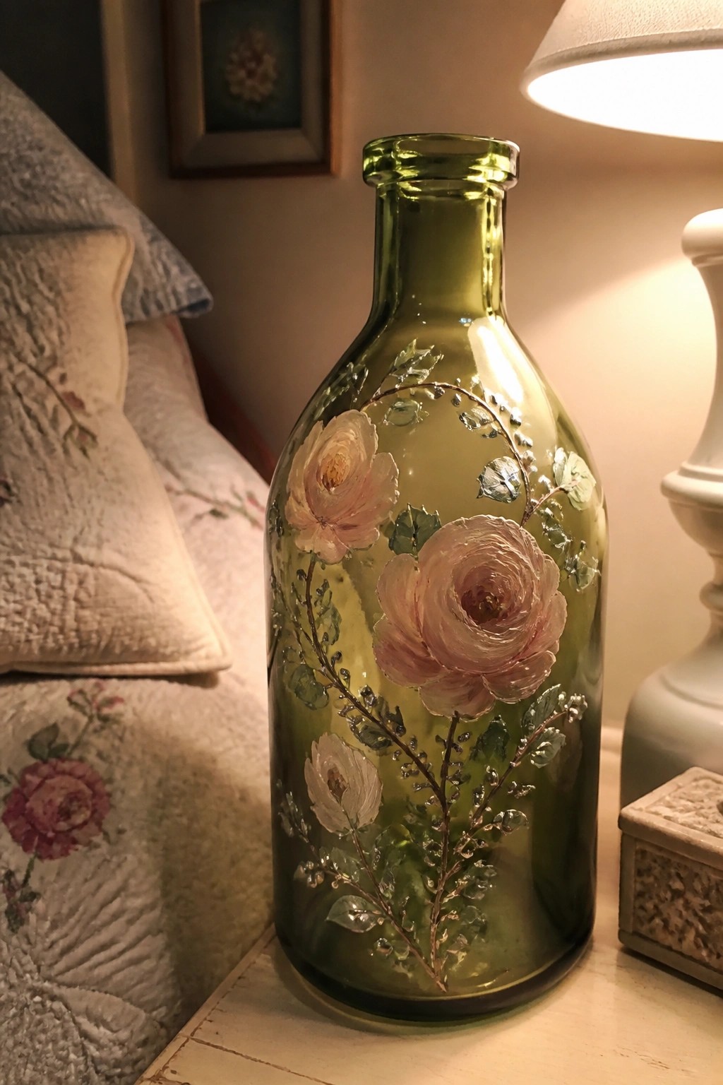 Green glass bottle painted with pink roses, green leaves, and metallic vine accents next to a lamp and quilted bedding.