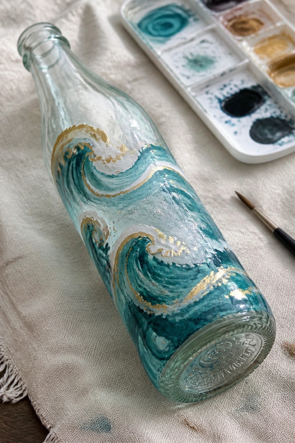 Teal wave and gold painted bottle on linen with watercolor palette nearby