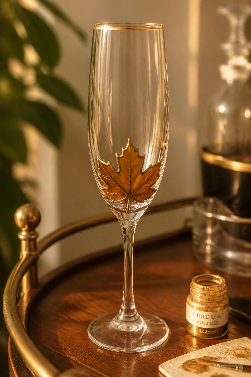 Elegant champagne flute with gold maple leaf beside liquid leaf paint jar on wood tray