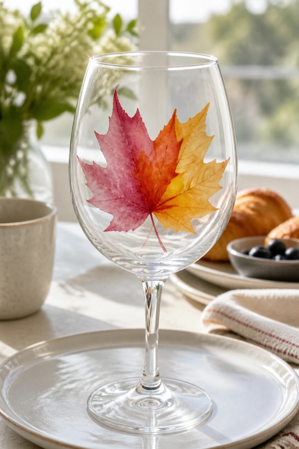 Wine glass with vibrant watercolor maple leaf in red, orange, and yellow.