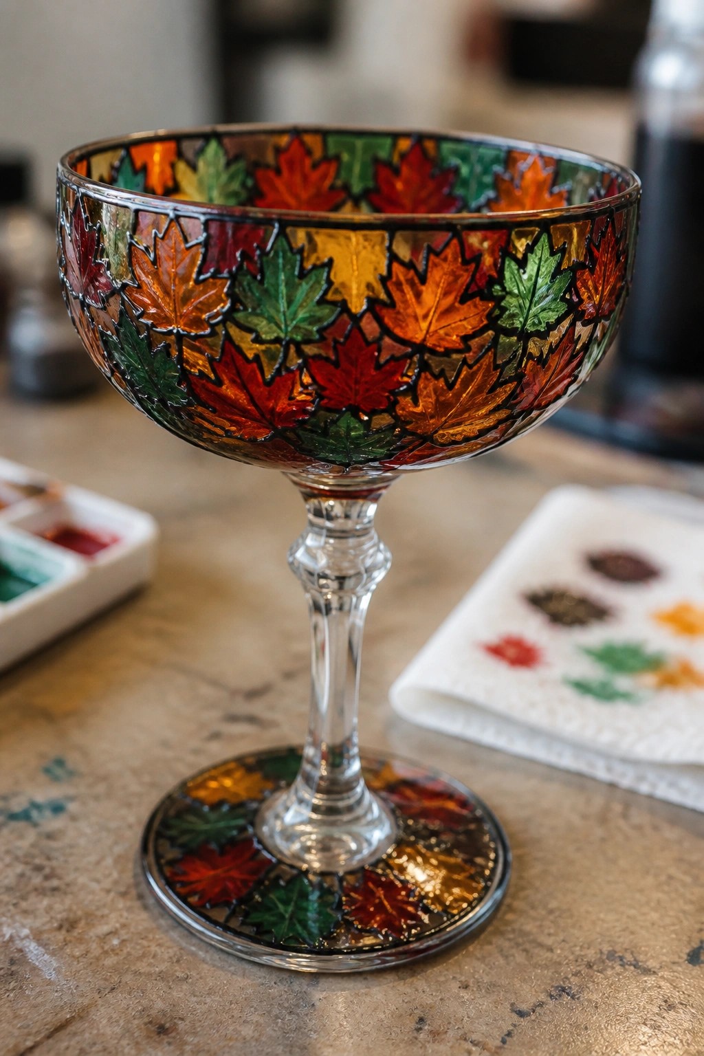 Colorful stained-glass goblet with autumn maple leaves on marble counter