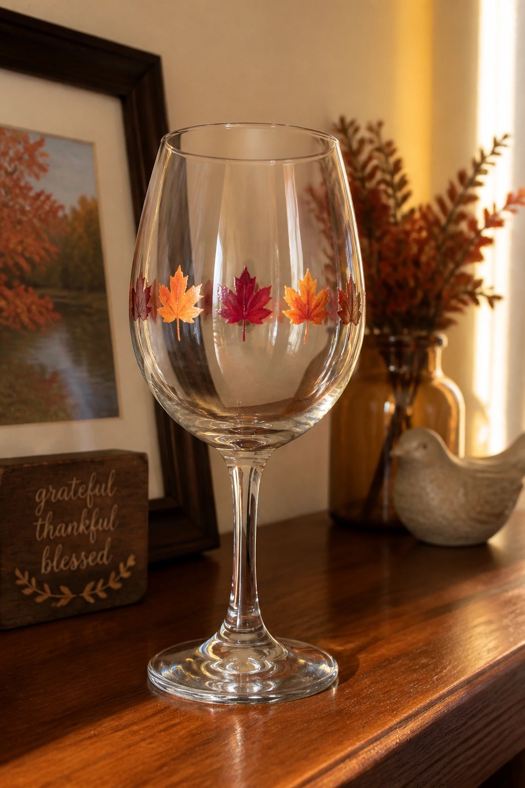 Clear wine glass with colorful autumn maple leaf decals on wooden table