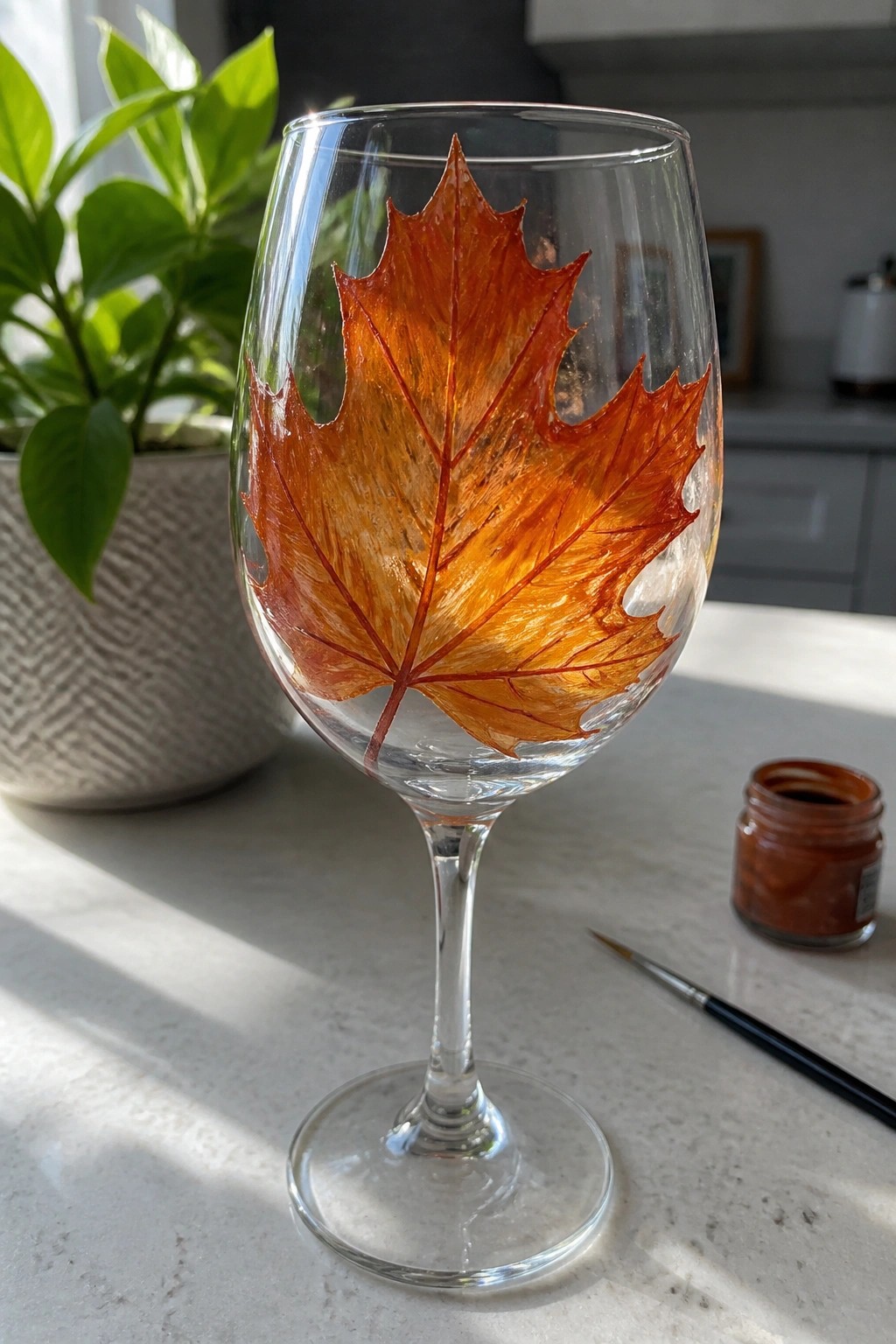 Wine glass with orange maple leaf painting beside paint jar and brush on counter