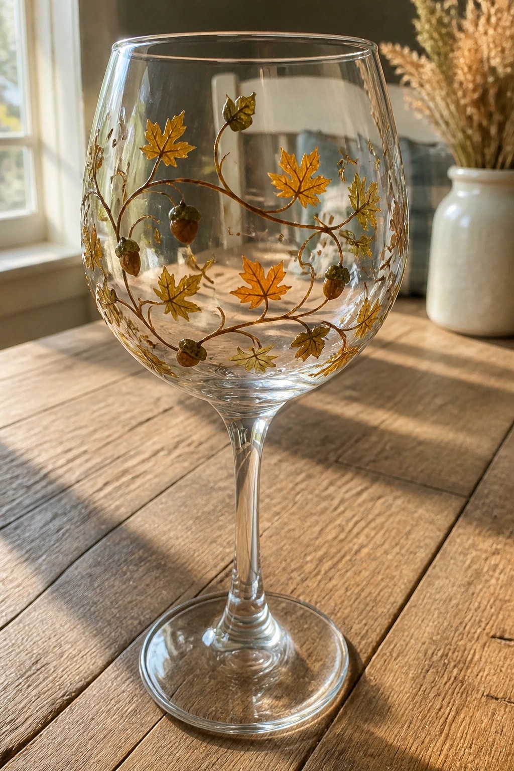 Clear wine glass with gold maple leaves and acorns on wooden table.