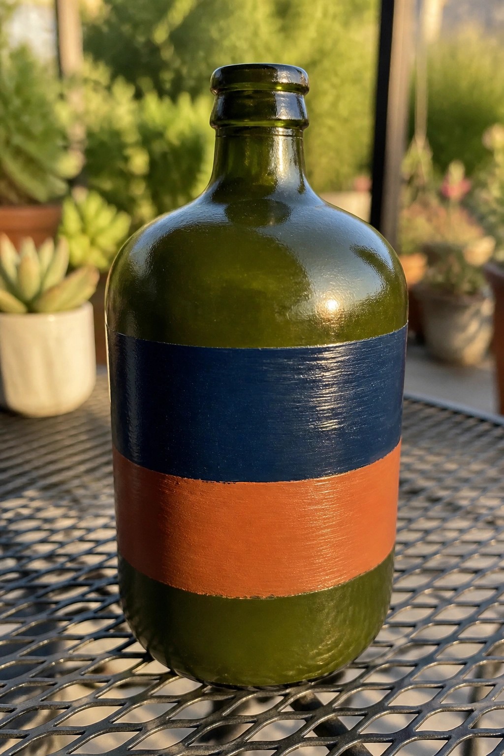 Green bottle with dark blue and orange painted stripes on metal table